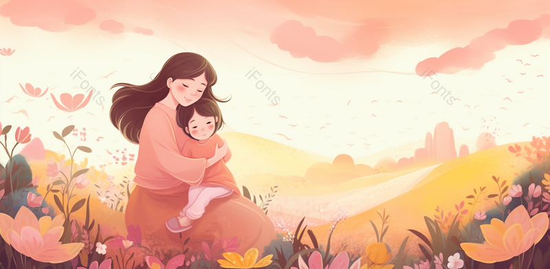 浪漫插画母亲和孩子花丛手绘场景背景,插画/手绘图,插画/手绘图库,插画/手绘图下载,插画/手绘